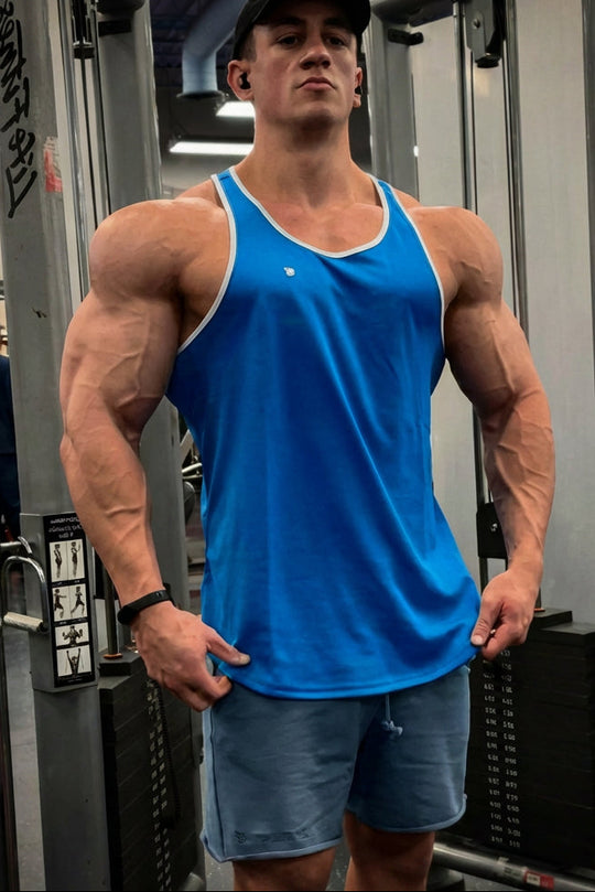 Fast-Dry Bodybuilding Workout Stringer - Blue w/ White
