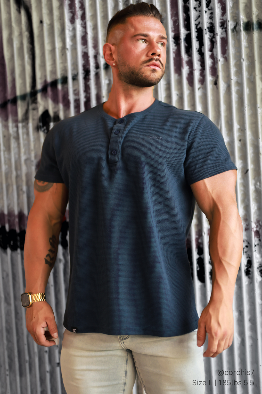 Waffle Henley T-Shirt - Dusty Blue
