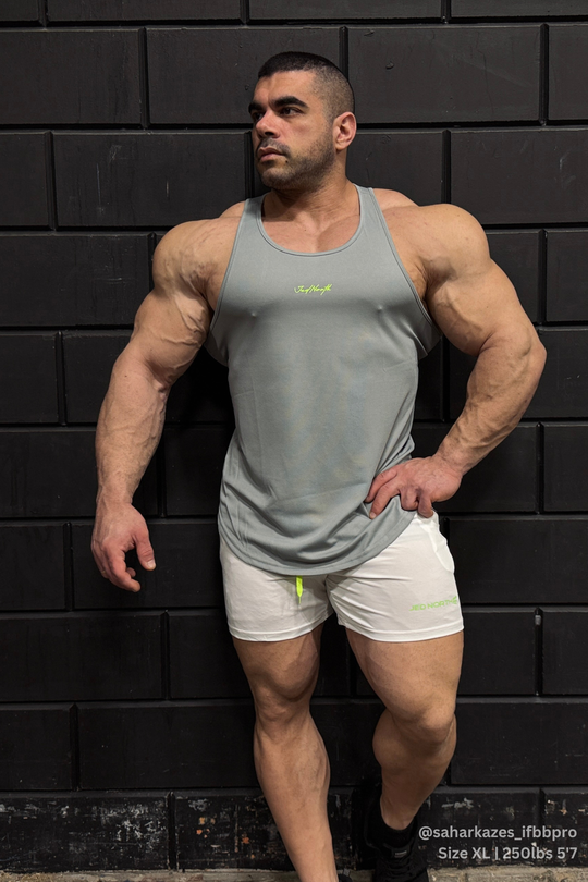 Fast-Dry Bodybuilding Workout Stringer - Light Gray w/ Neon Logo