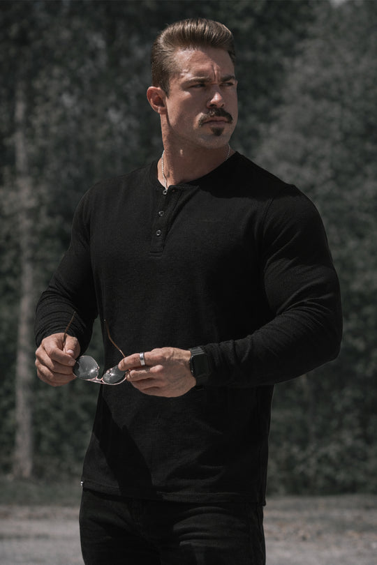 Waffle Knit Henley Long Sleeve T-Shirt - Black