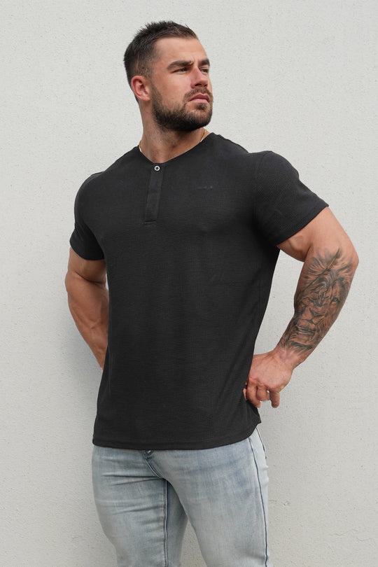 Waffle Henley T-Shirt - Black