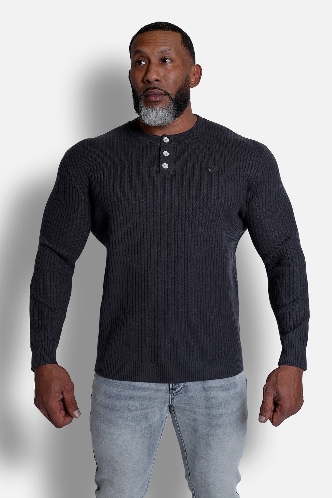Ribbed Henley Collar Longsleeve  - Dark Gray