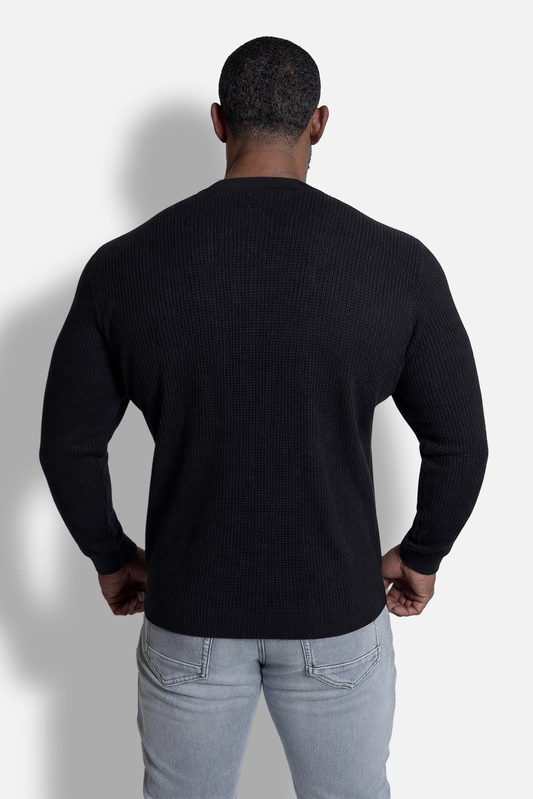 Waffle Knit Henley Long Sleeve T-Shirt - Black
