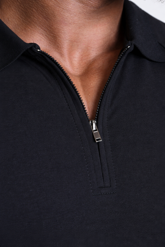 Premium Muscle-Fit Polo Tee w/ Zipper - Black